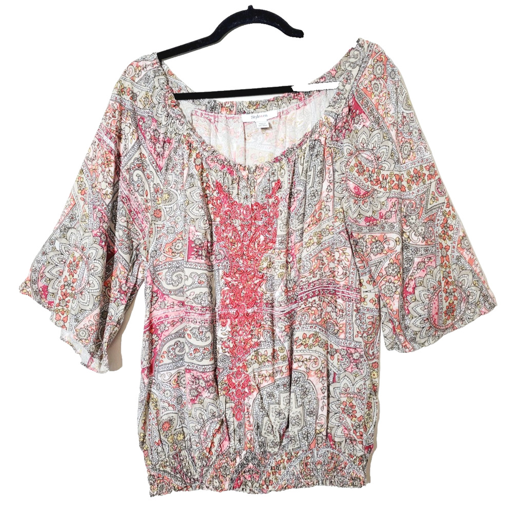 Style & Co Womens 10 Top Peasant Boho Bohemian Embroidered Floral Medium